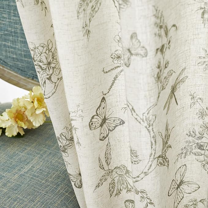 Green Floral Linen Curtains Farmhouse Rod Pocket 50W X 90L 2 Panels | Charlotte - Image 3