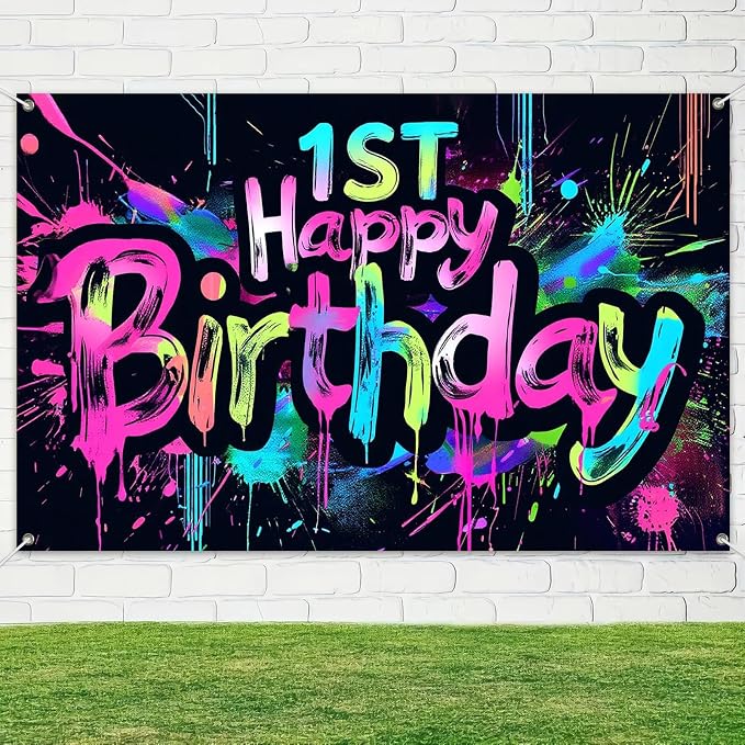 HOMETITUTE Neon 1st Happy Birthday Banner 71x43 Inch Paint Splatter Backdrop - Image 4