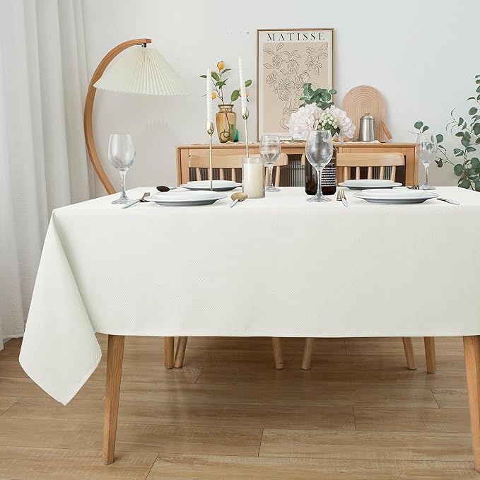 Biscaynebay Textured Fabric Tablecloths 90x132 Inches Rectangular, Ivory Water Resistant Tablecloths for Dining, Kitchen, Wedding, Parties etc. Machine Washable