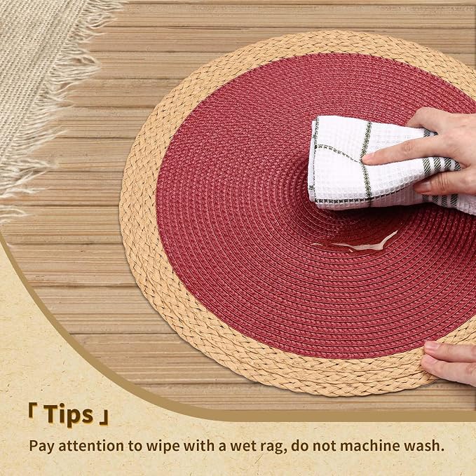 Round Placemats Set of 4, Woven Table Mats, Wide Edge, Berry Red | Braided - Image 4