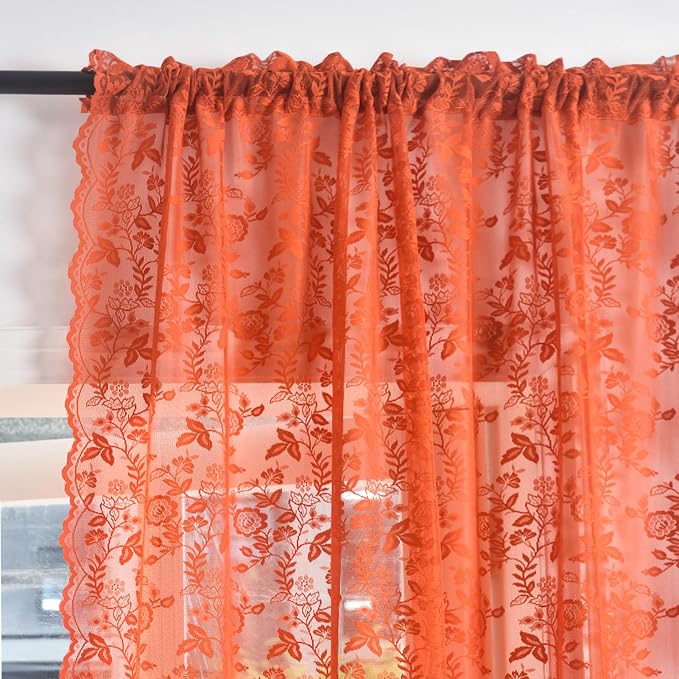 Burnt Orange Lace Curtains Rustic Leaf Floral 42 x 84 Inch, 2 Panels | Rod - Image 4