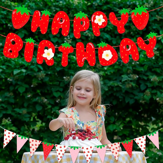 MEETINGU Strawberry Happy Birthday Banner and Strawberry Pennant - Image 5