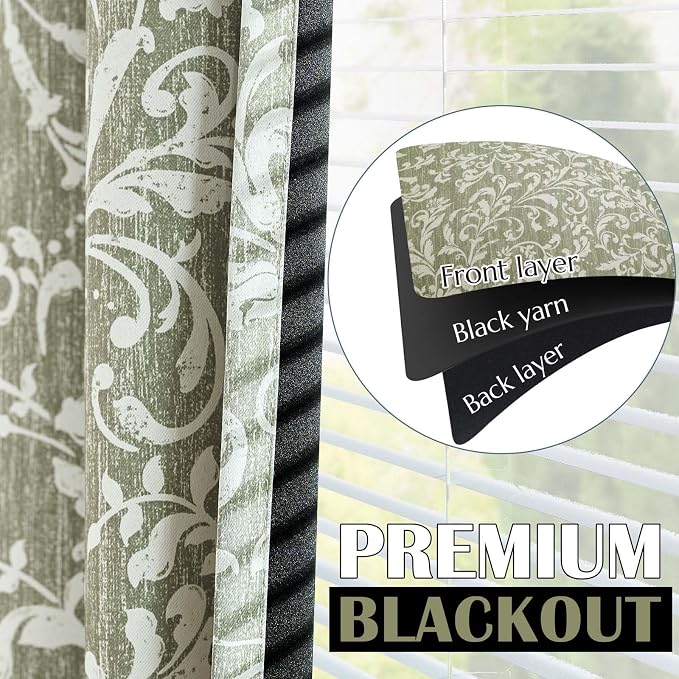 Green Floral 100% Blackout Curtains 96 Inch Vintage Grommet 2 Panels | Room - Image 3