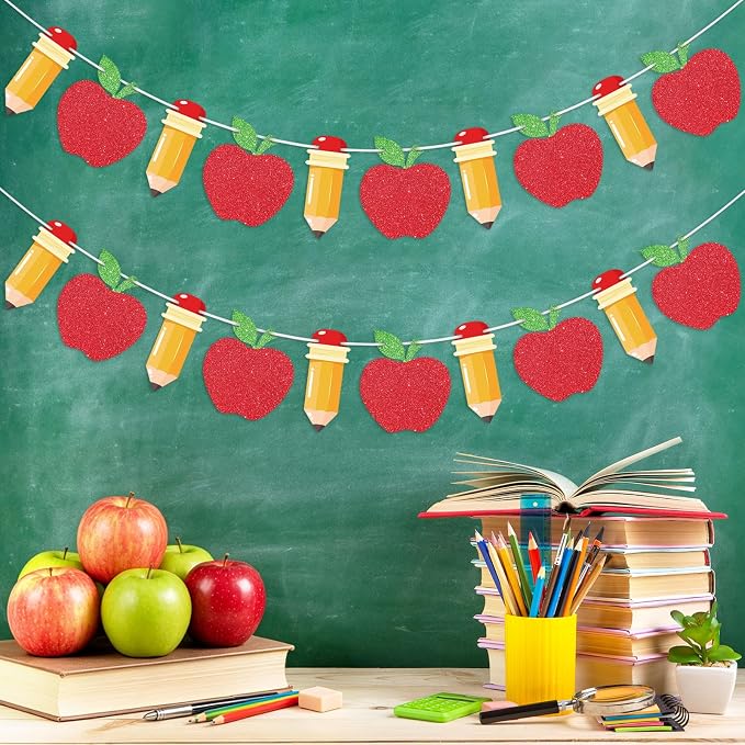 Hooqict 2 Pieces Back to School Pencil and Apple Banner Decorations Welcome - Image 3
