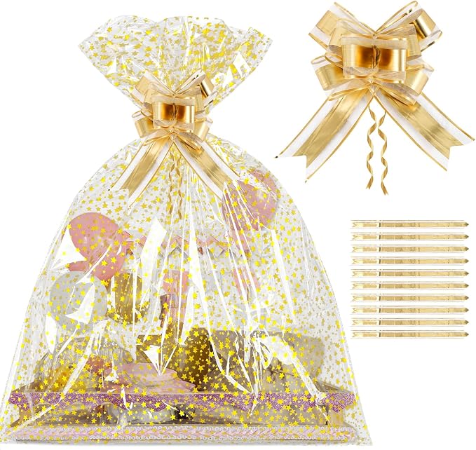 COQOFA 10 Pieces Large Cello/Cellophane Bags, 24x 30 Inches Clear Basket Gift by COQOFA