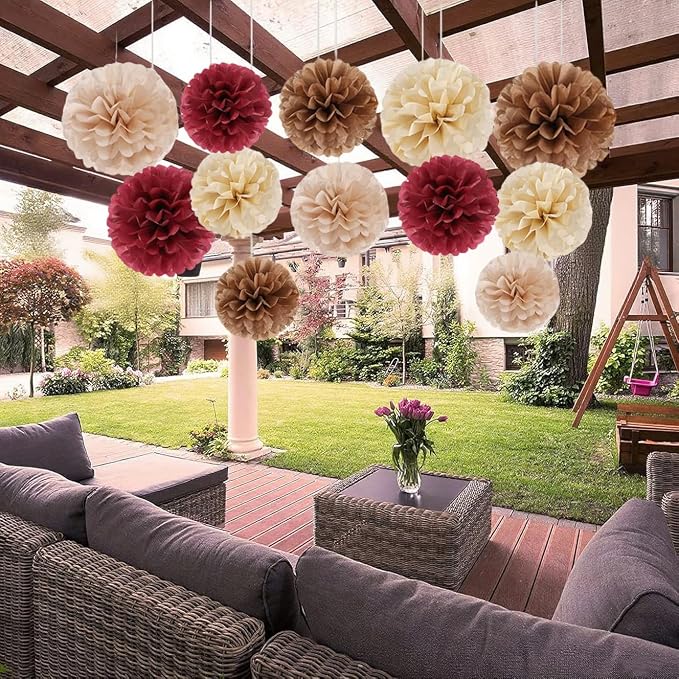 Capesaro Burgundy Beige 12PCS Paper Pom Poms Party Decorations - Image 7