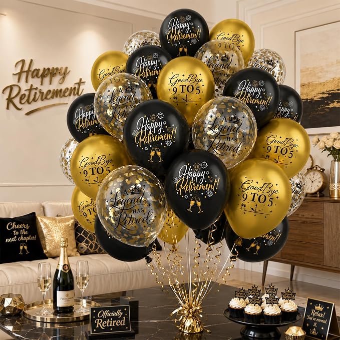 Happy Retirement Balloons Party Decorations, 12 Inch Black and Gold Retirement - Image 4