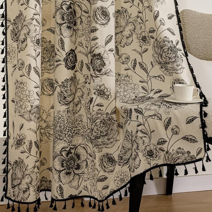 F-CHU Black Floral Farmhouse Curtains Living Room Drapes 84 Inch Length Cotton - Image 6