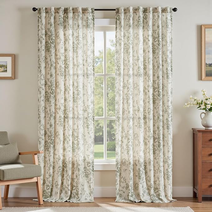 jinchan Green Floral Linen Curtains 96 Inch Farmhouse Back Tab 2 Panels | Light by JINCHAN
