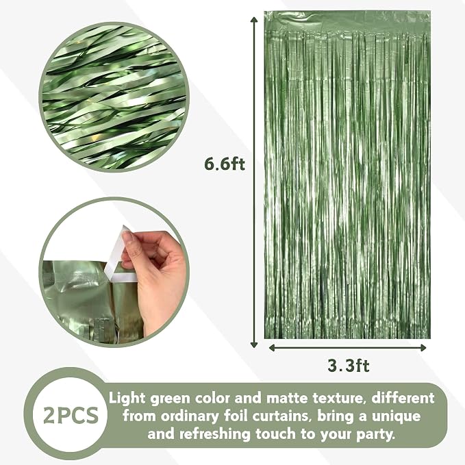 Matte Sage Green Tinsel Foil Curtains Backdrop Party Decorations | 4 PCS - Image 2