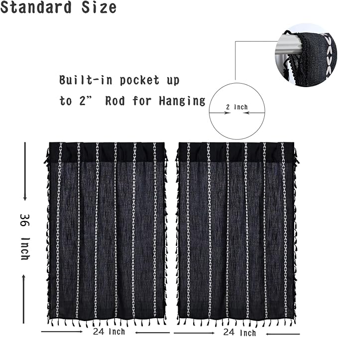 RoomTalks Black Boho Kitchen Curtains 36 Inch Length French Striped Modern - Image 7
