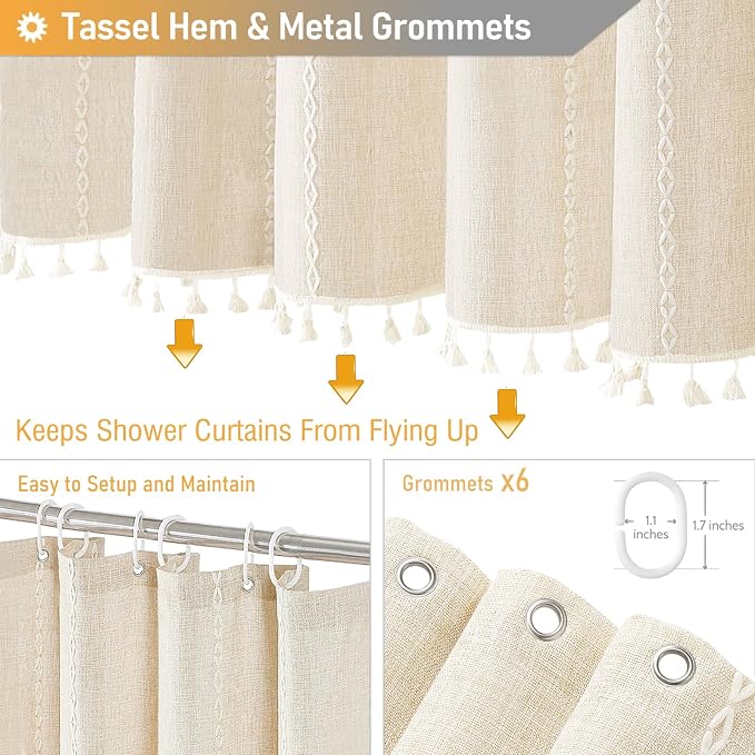 Small Boho Linen Heavy Duty Cloth Shower Curtain, Cream/Beige | Stall Size - Image 5