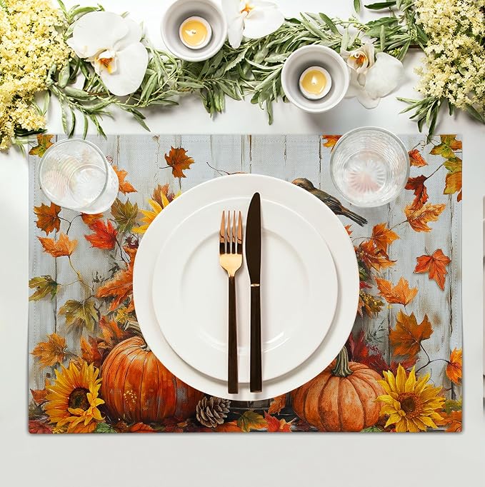 Fall Placemats 12x18 Inch Set of 4 Pumpkin Maple Leaves Sunflower Bird Linen - Image 3