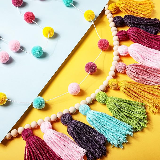 Syhood 3 Pcs 79" 2 Pom Pom Garland Wall Decor and 36" 1 Boho Tassel Garland - Image 4