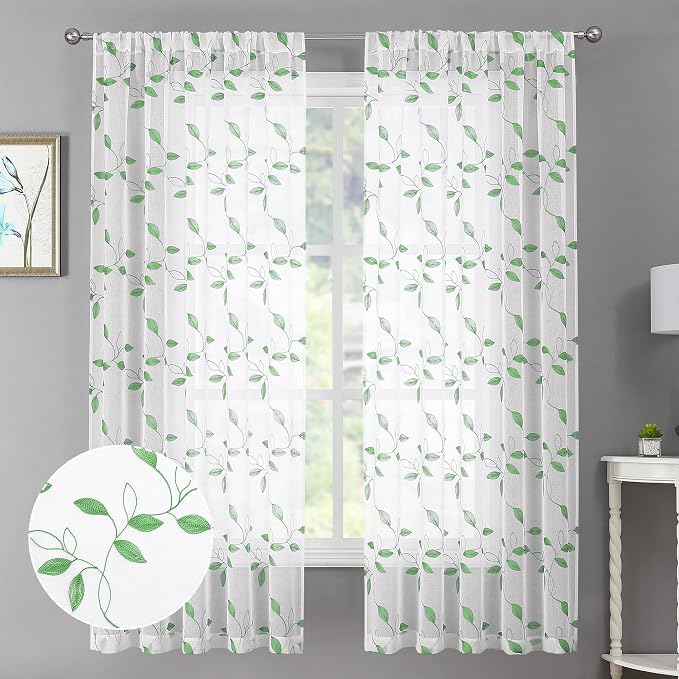 Tollpiz Green Leaf Sheer Curtain Living Room Short 54 x 54 Inches | Leaves by Tollpiz
