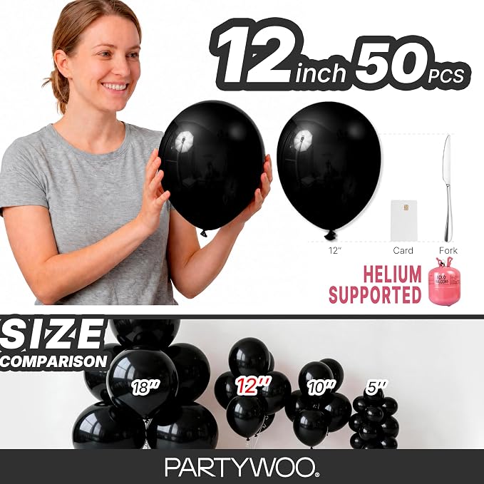 PartyWoo Black Balloons 50pcs Matte Latex Helium Balloons 12 Inch | Baby Shower - Image 6