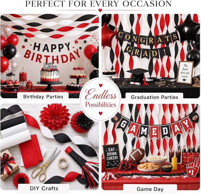 8 Red Black White Streamers, 656ft Pack of Crepe Paper Party Decorations | Each - Image 5