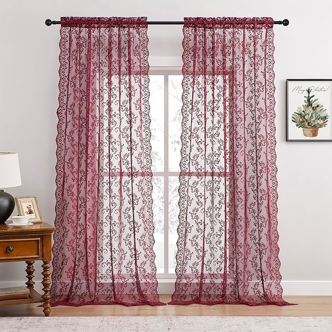 Burgundy Lace Curtains 96 Inches Long 2 Panels Modern Romantic Wine Lace by FOLKSIDEHomeDecoration