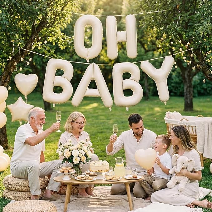 Biapian 40 Inch OH BABY Letter Balloons, Big Beige Foil Balloons - Image 7