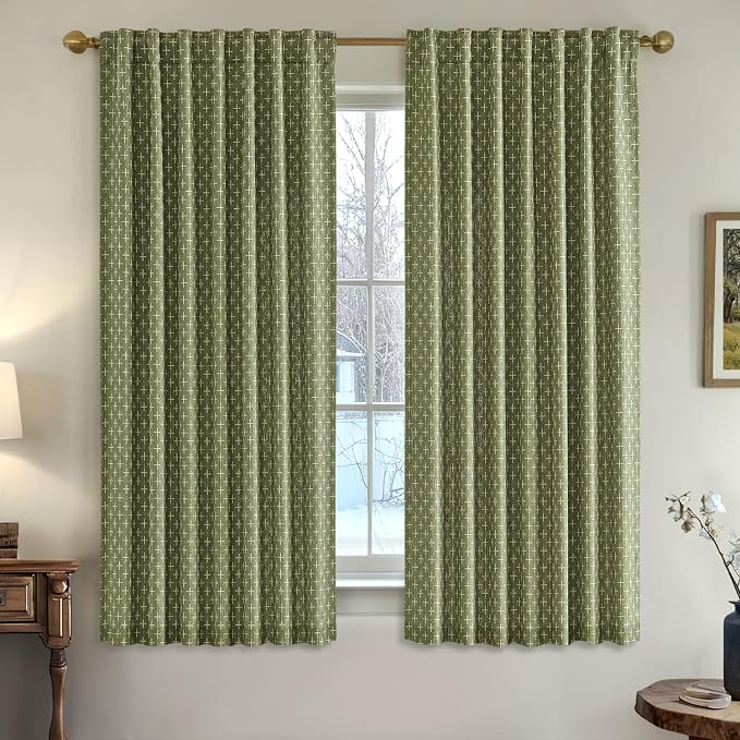 MIULEE Patterned Farmhouse Linen Curtains, Back Tab, Sage Green | Linen Curtains - Image 2