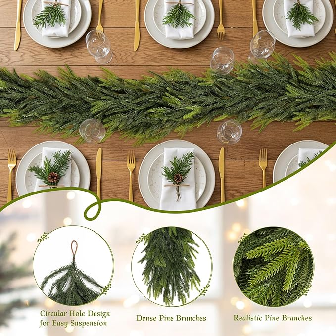 N&T NIETING 2 PCS Christmas Norfolk Pine Garland, Real Touch Pine Garlands Faux Greenery Garland Winter Christmas Garland for Table Mantle Fireplace Holiday Indoor Outdoor Xmas Decorations (6 FT)