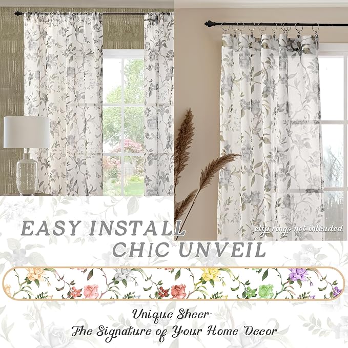 Sheer Curtains 54 Inch Length 2 Panels Set, Floral Patterned Linen Look - Image 7