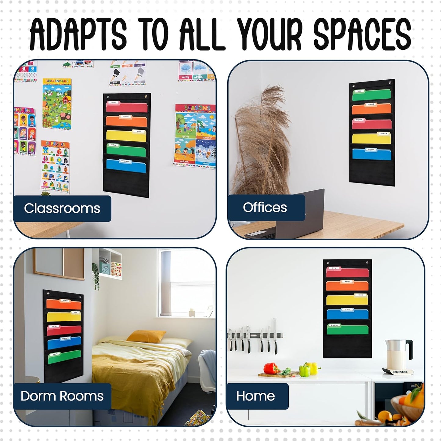 Essex Wares - 5 Pocket File Pocket Chart, Black, 14" Wide x 24" Tall - Versatile Wall Hanging File Folder Organizer for Classroom, Office, Home, and More - Wall Folder Organizer - 5 Pockets