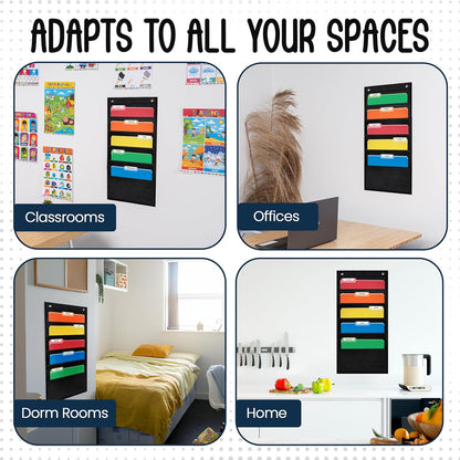 Essex Wares - 5 Pocket File Pocket Chart, Black, 14" Wide x 24" Tall - Versatile Wall Hanging File Folder Organizer for Classroom, Office, Home, and More - Wall Folder Organizer - 5 Pockets