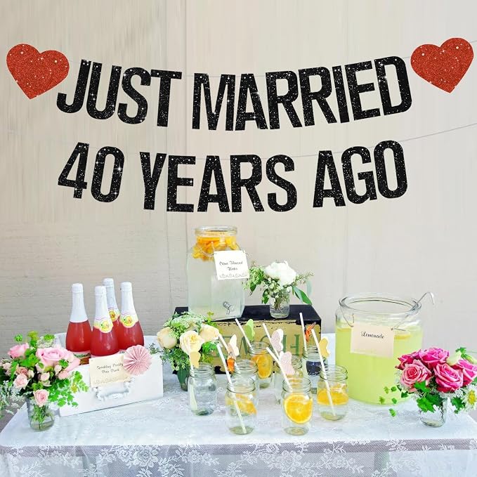 Black Glitter Just Married 40 Years Ago Banner, NO DIY, Pre-Strung 40th Wedding - Image 6