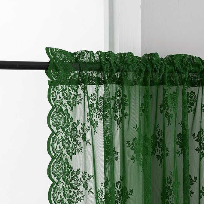 Emerald Green Lace Curtains for Kitchen Windows W42 x L36 Inch, 2 Panels | Rod - Image 3
