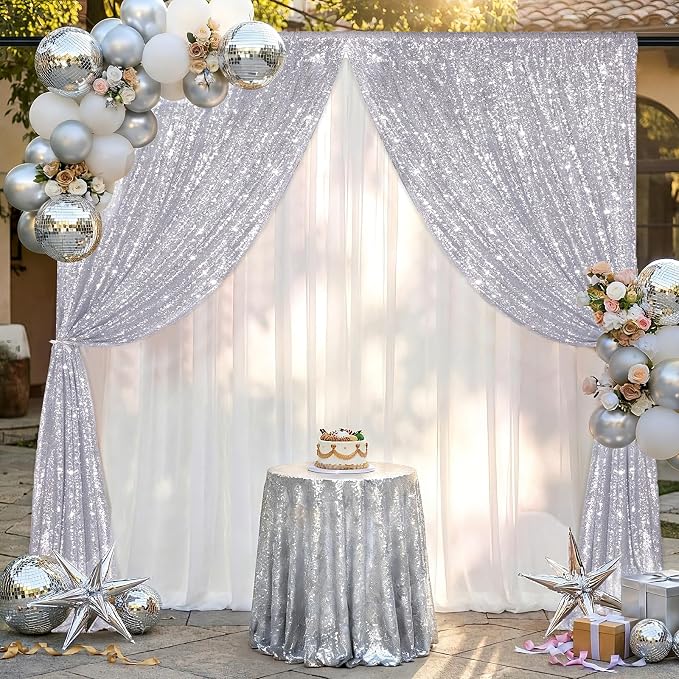 Silver Sequin Backdrop Curtains-1 Panel 5FTx8FT Silver Backdrop - Image 5