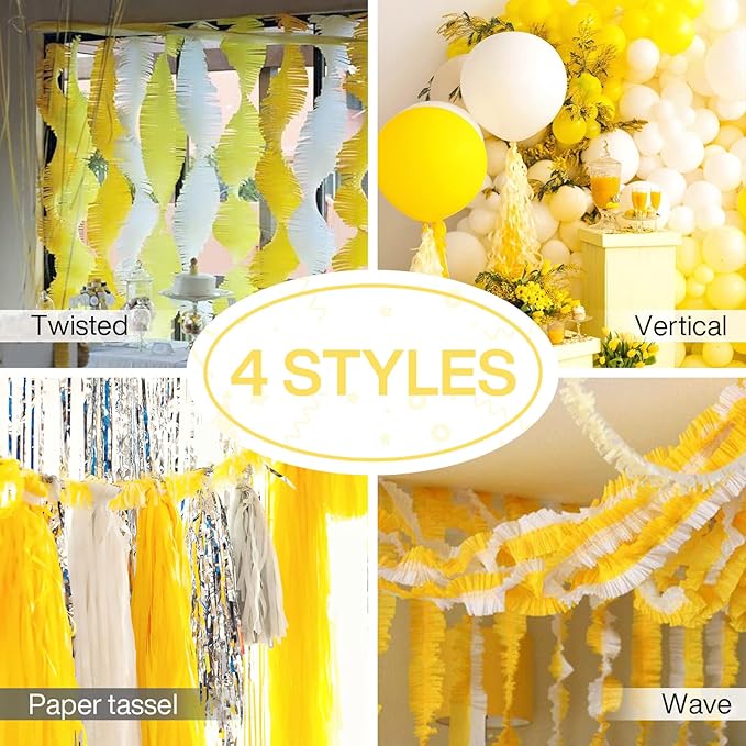 PartyWoo Crepe Paper Streamers 4 Rolls 328ft, Pack of Yellow Crepe Paper for Party, Wedding, Birthday, Baby Shower Decorations (1.8 Inch x 82 Ft/Roll)