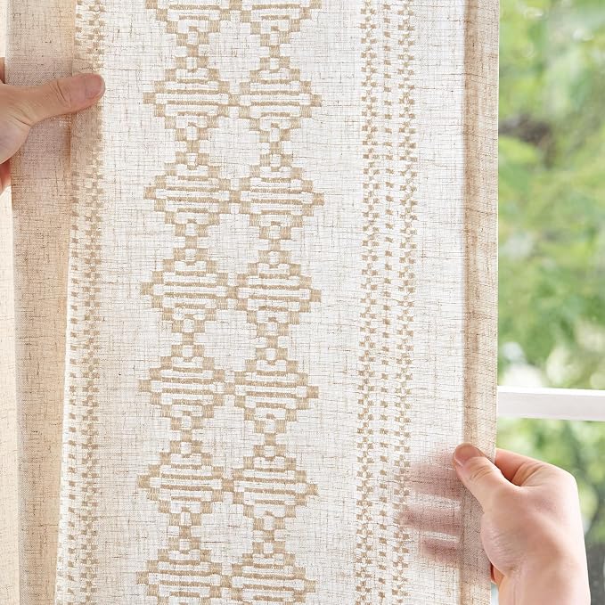jinchan Floral Linen Curtains Embroidered Back Tab 50x84in 2 Panels Ivory | - Image 3