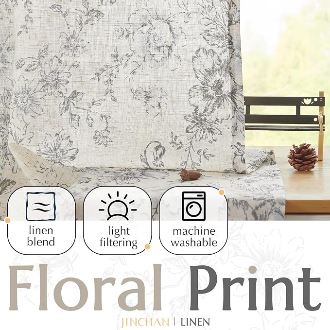 jinchan Grey Floral Linen Curtains 54 Inch Vintage Back Tab 2 Panels | Light - Image 3