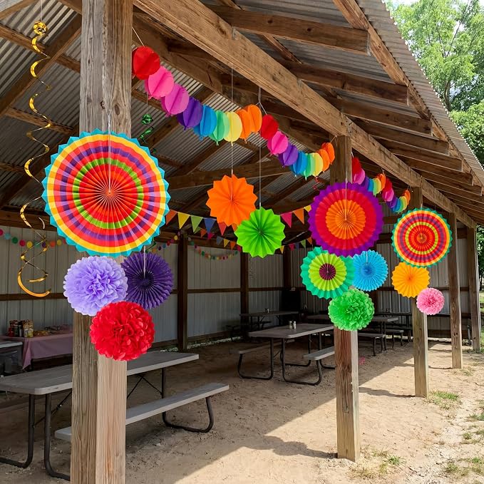 35PCS Fiesta Paper Fan Party Decorations Set | Cinco De Mayo Pom Poms, - Image 9