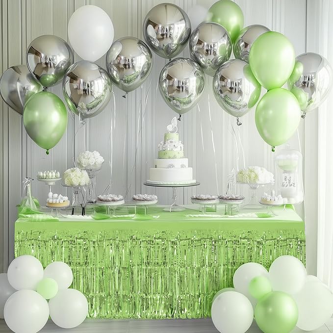 8 Pack Light Green Table Skirts, 29x108" Metallic Foil Tinsel Fringe Table Skirts for Rectangle Tables Streamer Curtains Backdrop, Party Decorations for Birthdays Weddings Holidays