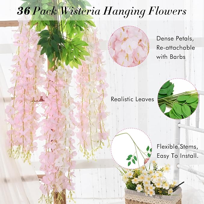36 Pack Wisteria Hanging Flowers, 3.6 Feet/Pcs Fake Flowers Garland Vines - Image 4