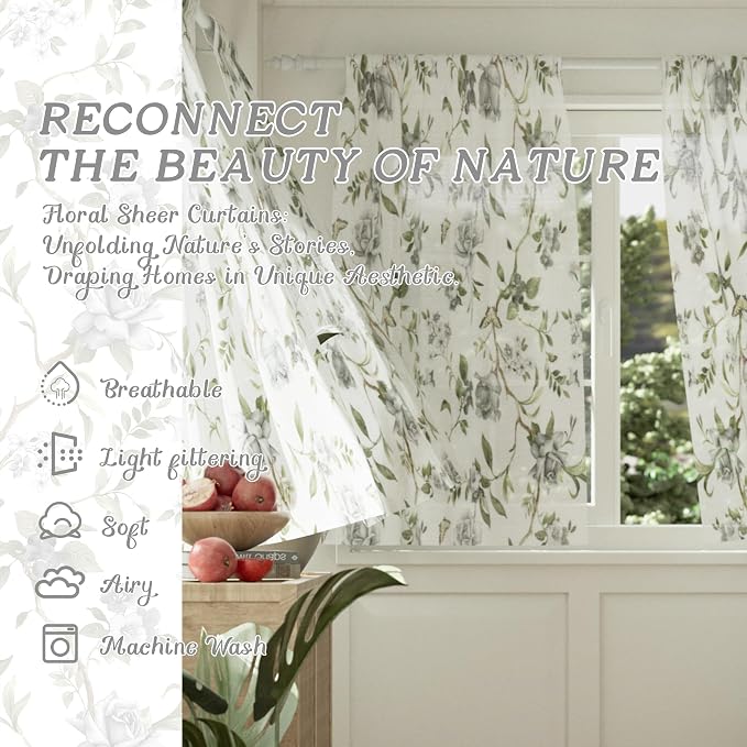 Sheer Curtains 54 Inch Length 2 Panels Set, Floral Patterned Linen Look - Image 2