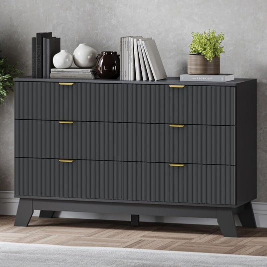 Fluted 6 Drawer Dresser, 47.2" Wide Modern Boho Chest of Drawers, Wooden Storage Dresser TV Stand for Bedroom, Living Room, Closet, Hallway, Curved Profile Design