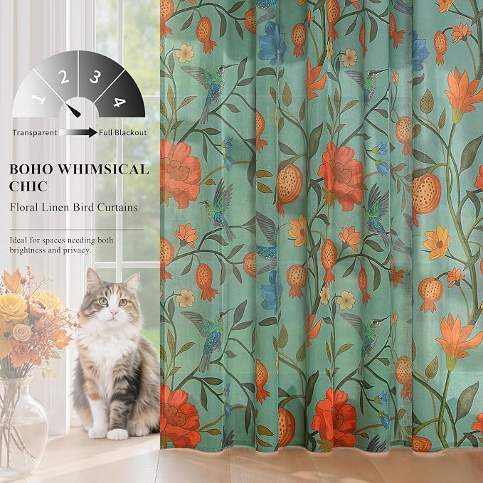 90 Inch Boho Floral Curtains Tropical Bird Print Linen Semi Sheer Window Drapes - Image 2