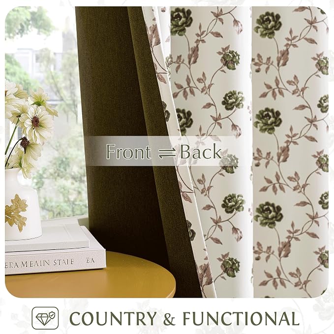 Beauoop Floral 100% Blackout Curtains Bedroom Green Brown 52x63 2 Panels | Rose - Image 4