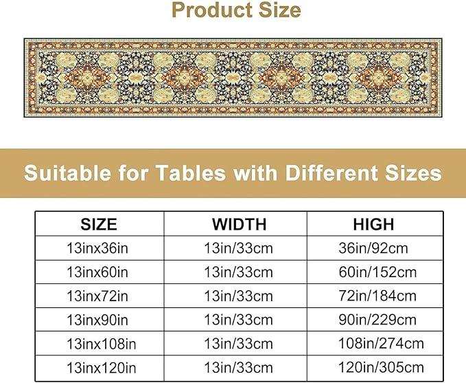 Vintage Boho Floral Table Runner, Elegant Luxurious Rustic Country Farmhouse Navy Blue Gold Retro Flower Pattern for Home Kitchen Table Decor Dining Coffee Room Party Decor 13x60in
