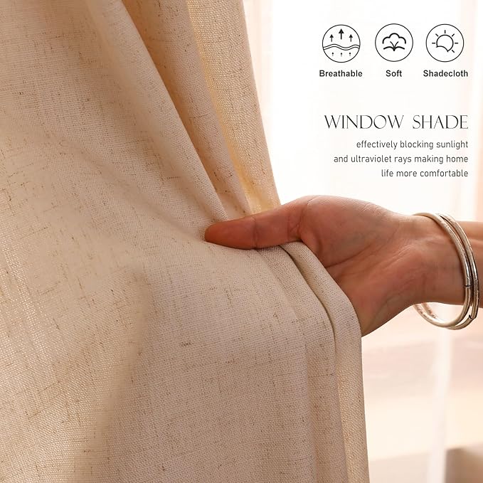 Designer French Linen Printed Curtain, 2 Panels, Light Beige Decor Draps - Image 3