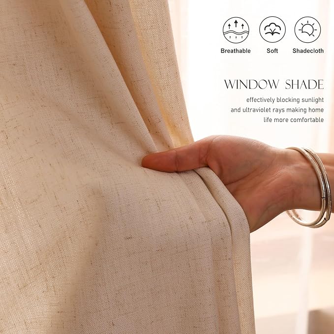 Designer French Linen Printed Curtain, 2 Panels, Light Beige Decor Draps - Image 3