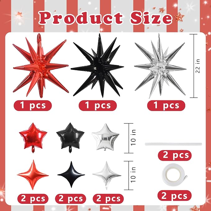 TONIFUL 22Inch 15Pcs Black Red Silver Explosion Star Mylar Balloons and 10Inch - Image 2
