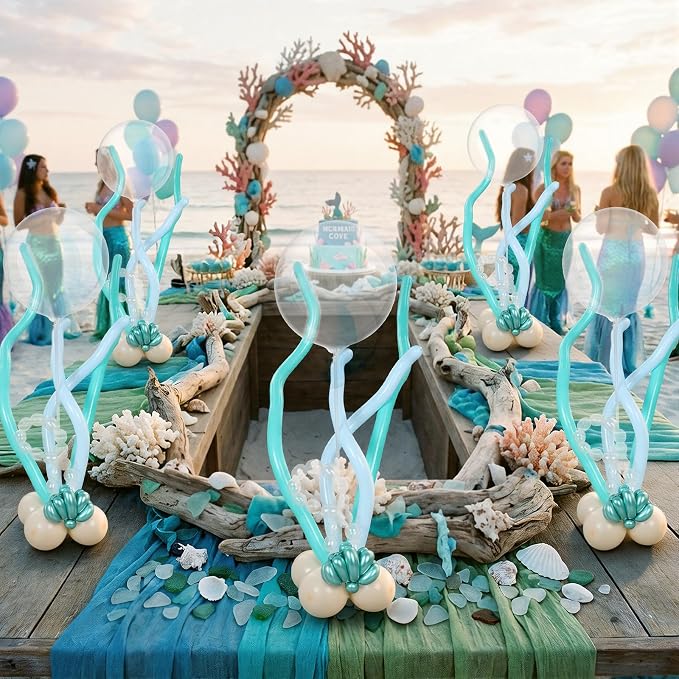 6 Sets Under The Sea Party Mermaid Decorations Balloons Centerpiece Stand Kit - Image 6