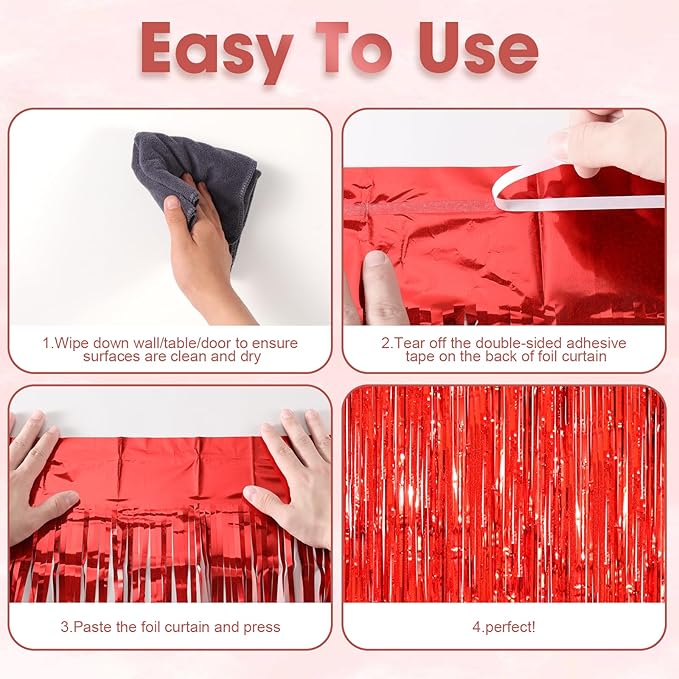 2 Pack Red Tinsel Foil Fringe Curtains, Red Party Decorations, Metallic Tinsel Party Streamers Backdrop for Birthday Casino Christmas Graduation Carnival Valentine's Party Decorations