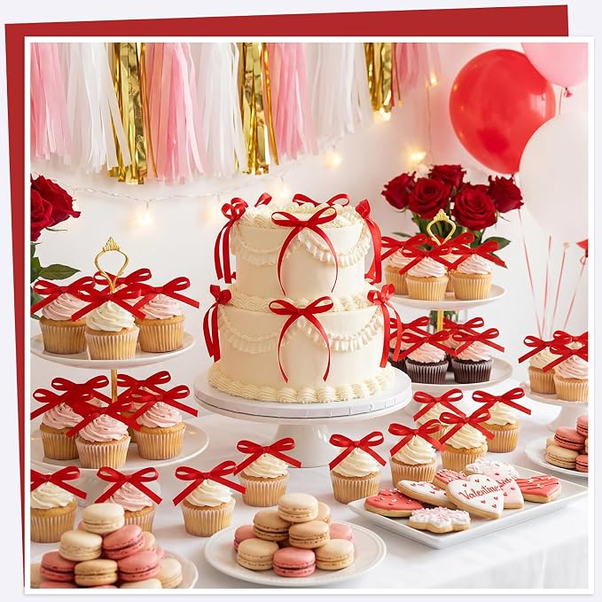 30 Pack Red Ribbon Bows for Cake Bow Cake Toppers | Bow Birthday Decorations - Image 5