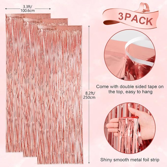 Voircoloria Rose Gold Foil Fringe Backdrop Curtains, 3 Pack | Tinsel Streamers - Image 3