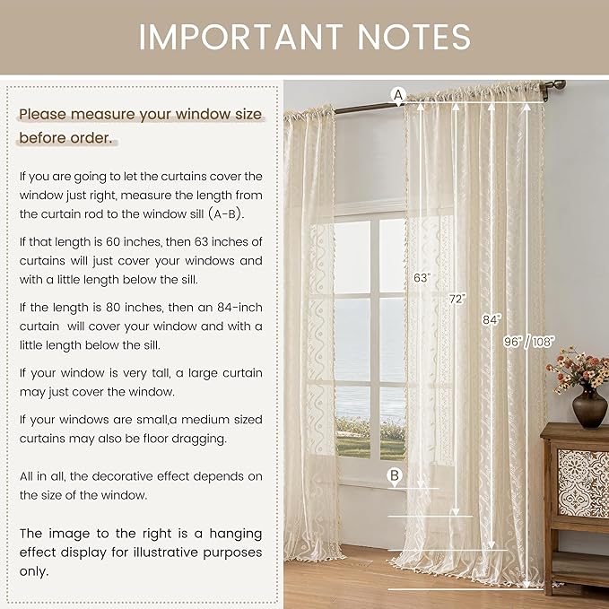 WAZZIO Boho Lace Curtains 2 Panels 72 Inches -Cute Vintage Victorian Sheer - Image 7
